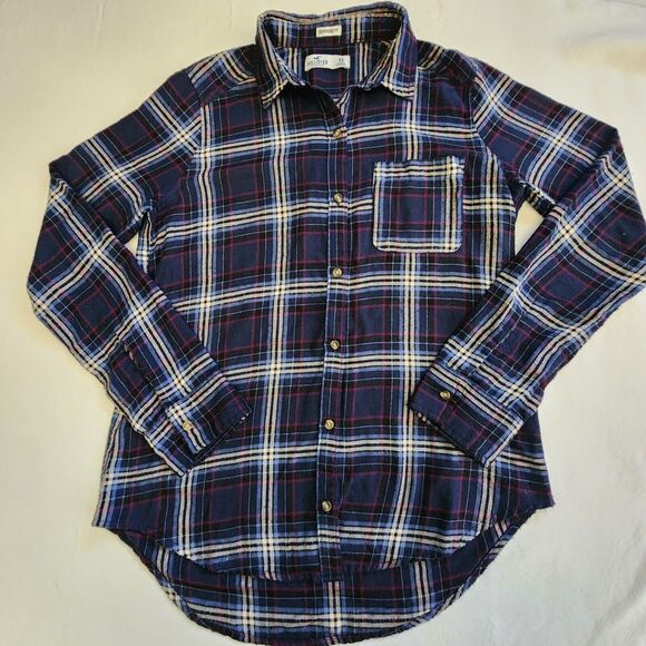 Hollister Boyfriend Fit Cotton Flannel‎ Button Down Shirt XS Y2K Preppy Classic - Picture 1 of 6